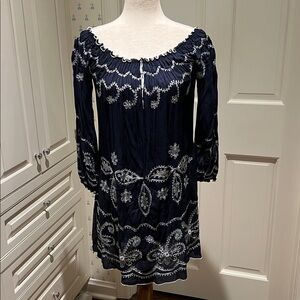 NAVY BLUE WITH SILVER EMBROIDERY LIGHTWEIGHT DRESS OR LONG TUNIC TOP